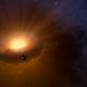 An artist’s rendering shows the hot, molten Moon emerging from a synestia—a giant spinning cloud of vaporized rock that formed when planet-sized objects collided. Eventually, the synestia condenses to form the Earth.